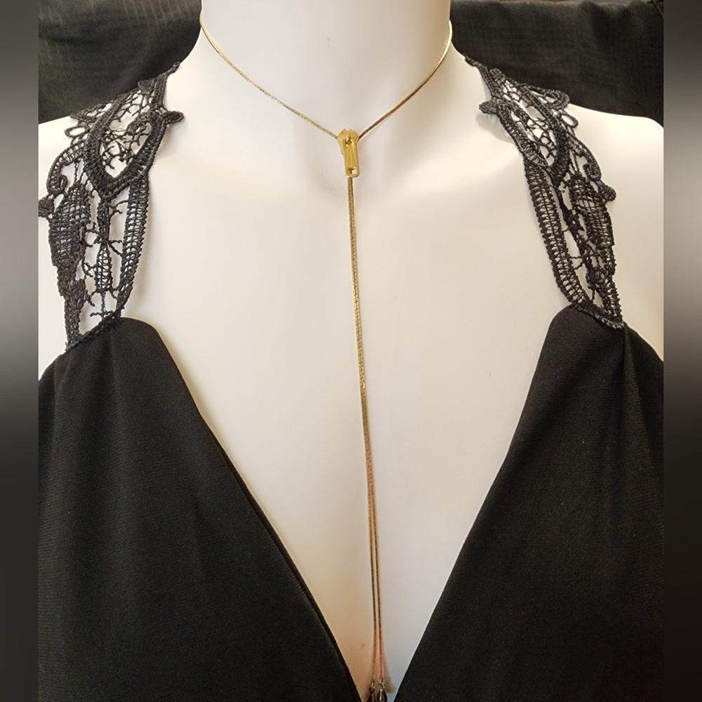 Long Gold Toned Lariat Zipper Bolo Style Necklace